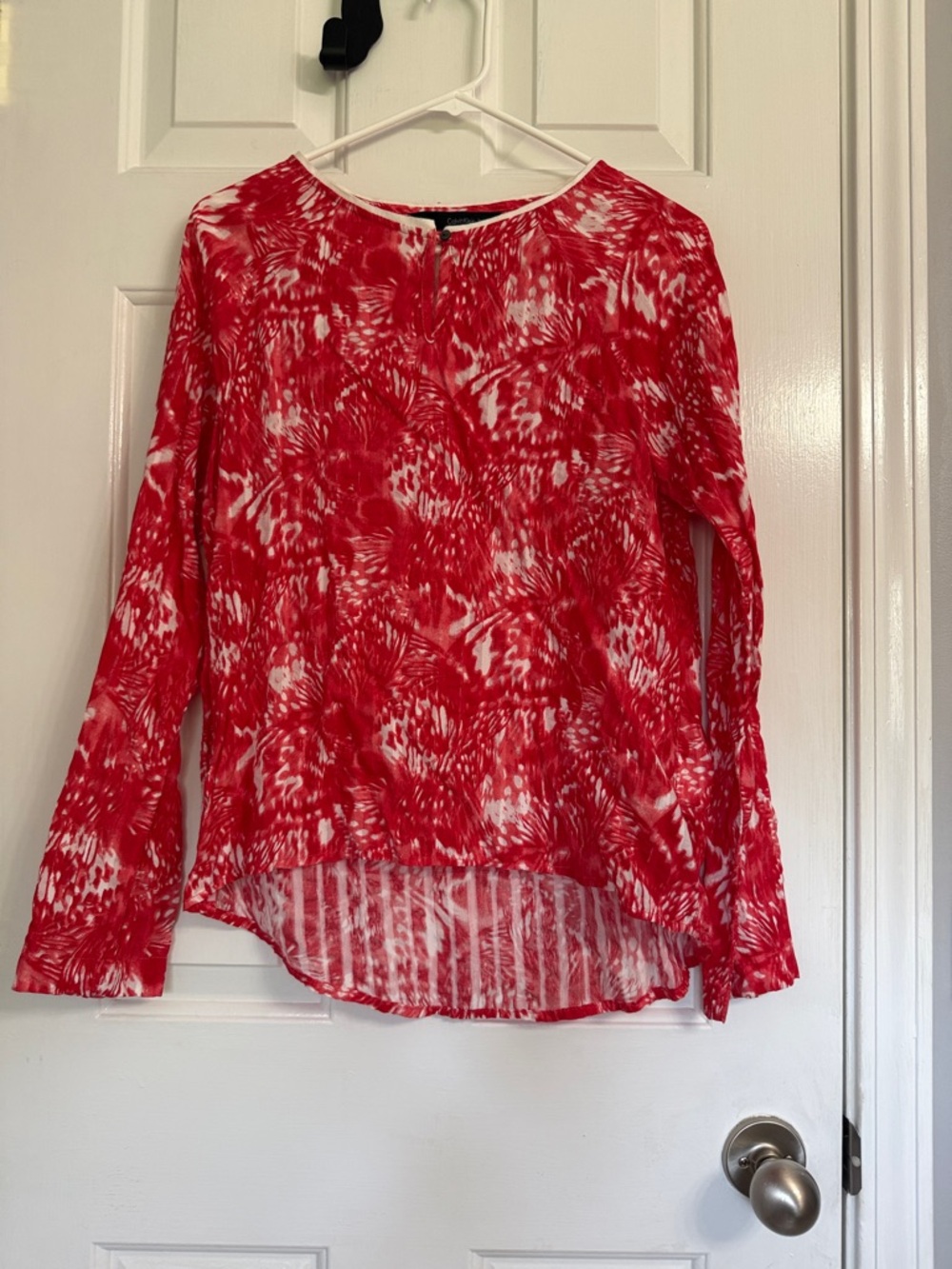 Calvin Klein Red and White Printed Long-Sleeve Blouse